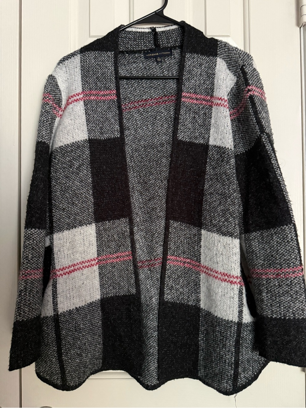 Adrienne Vittadini Black, Gray & Pink Plaid Open Cardigan